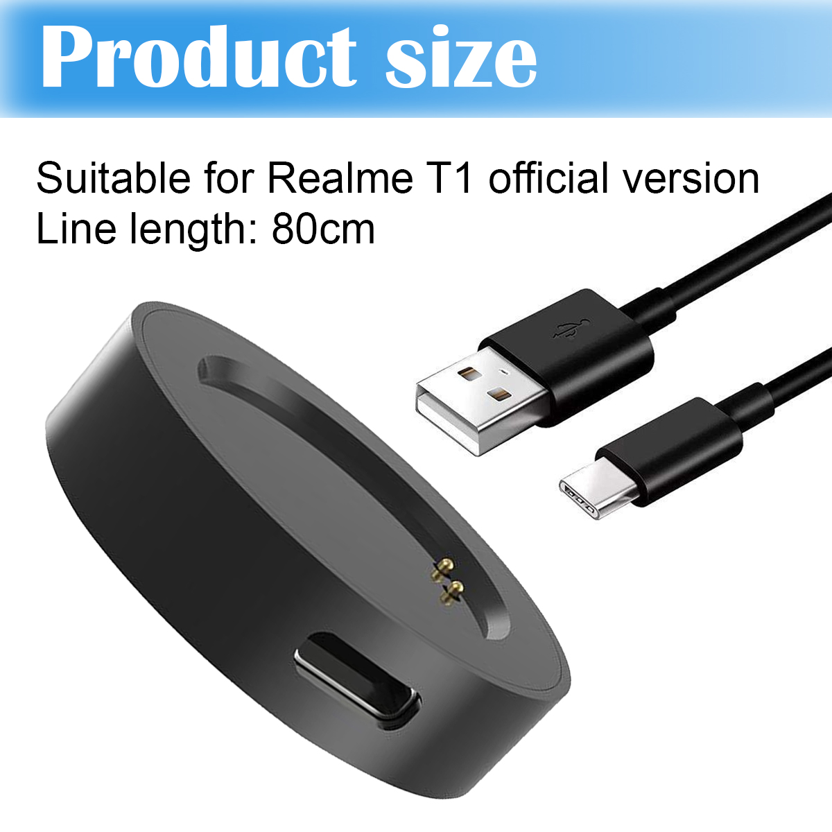 Schwarze Smartwatch-Ladestation mit USB-Kabel und 80cm Länge.