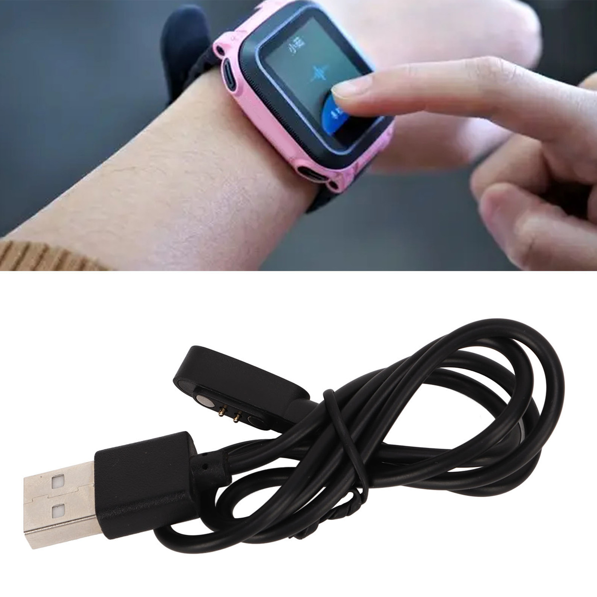 Eine Hand tippt auf ein pinkes Smartwatch-Display, darunter liegt ein schwarzes USB-Ladekabel mit Magnethalterung.