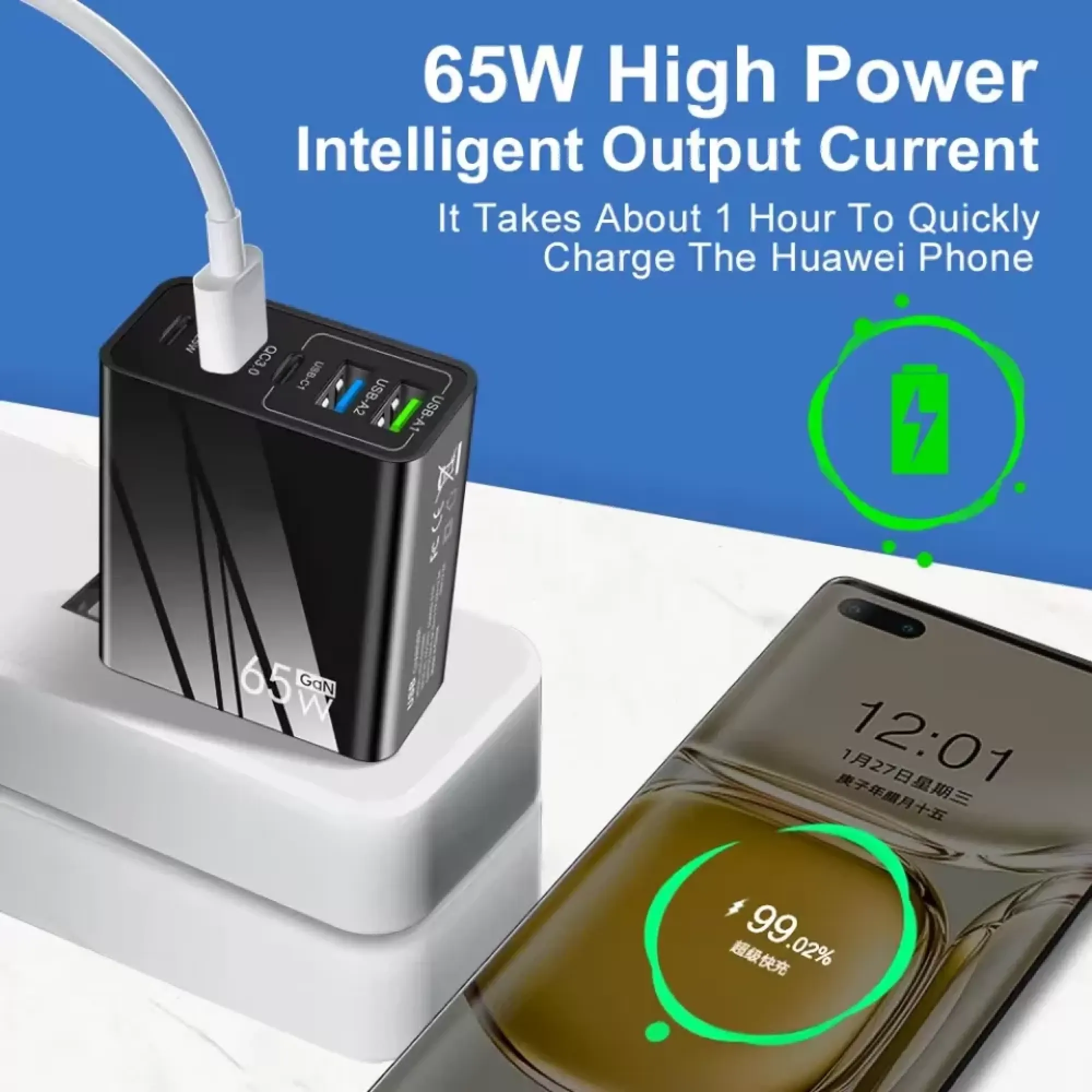 Ein schwarzes 65W GaN-Ladegerät lädt ein Smartphone schnell auf einem weißen Untergrund.