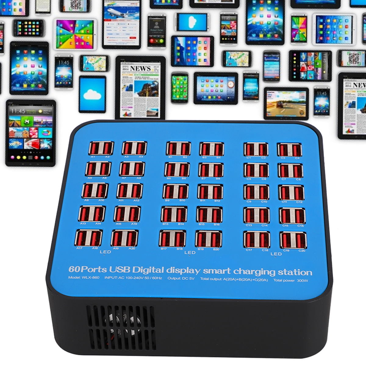 Eine blaue 60-Port-USB-Ladestation im Vordergrund, mit verschiedenen Smartphones und Tablets im Hintergrund.