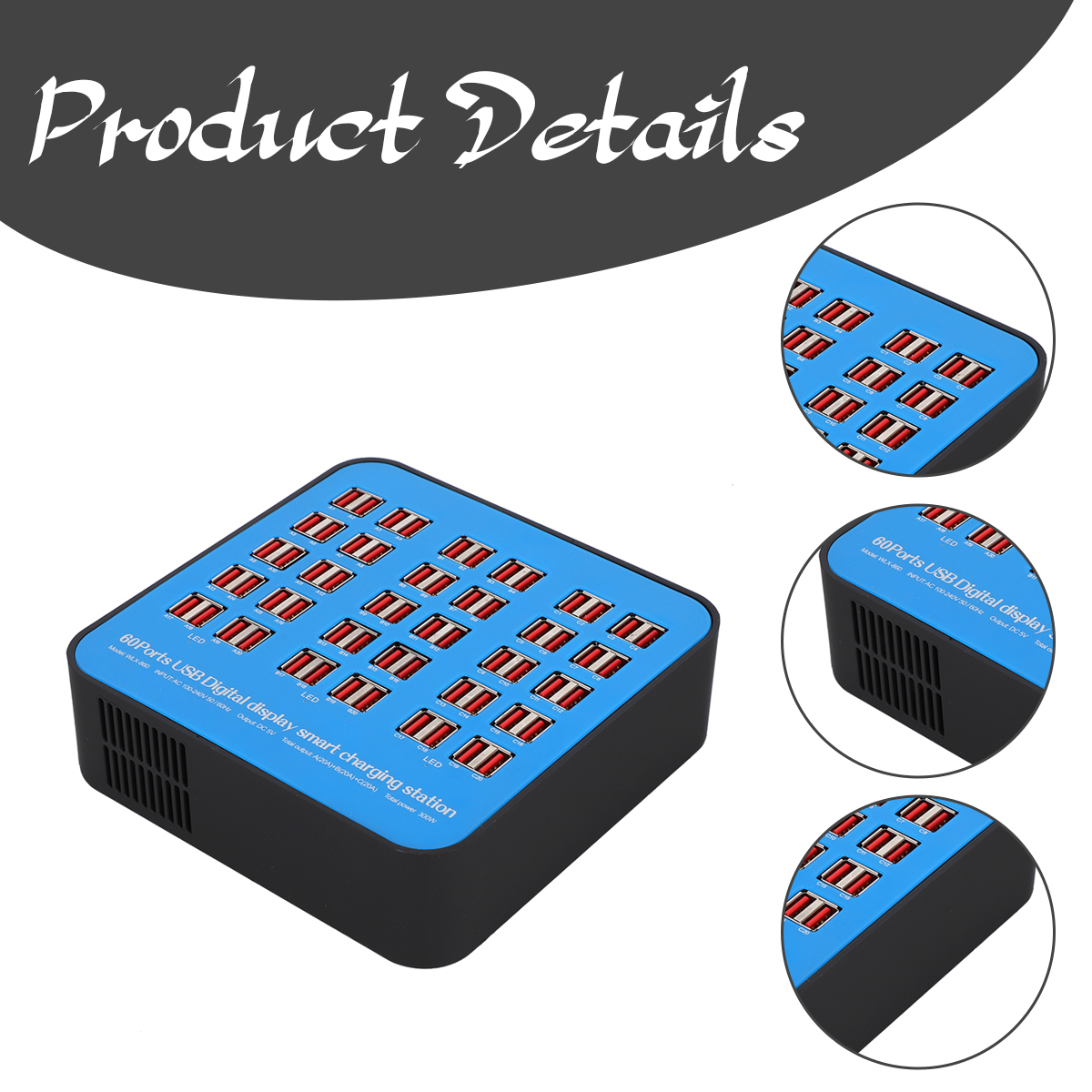 Blaue 60-Port-USB-Ladestation mit schwarzem Gehäuse und mehreren vergrößerten Detailansichten.