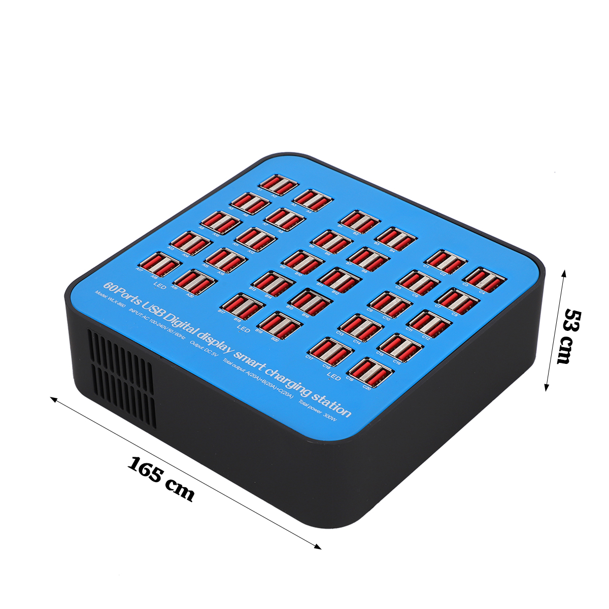 Blaue USB-Ladestation mit 60 Anschlüssen, schwarzem Gehäuse und Bemaßungsangaben.