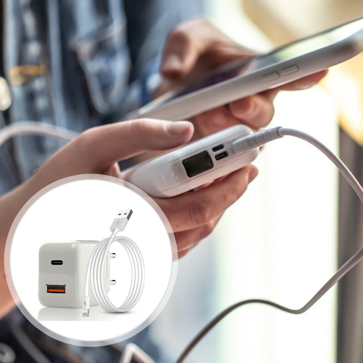 Eine Person nutzt ein Smartphone und eine Powerbank, mit einem Inset eines Wandladegeräts.