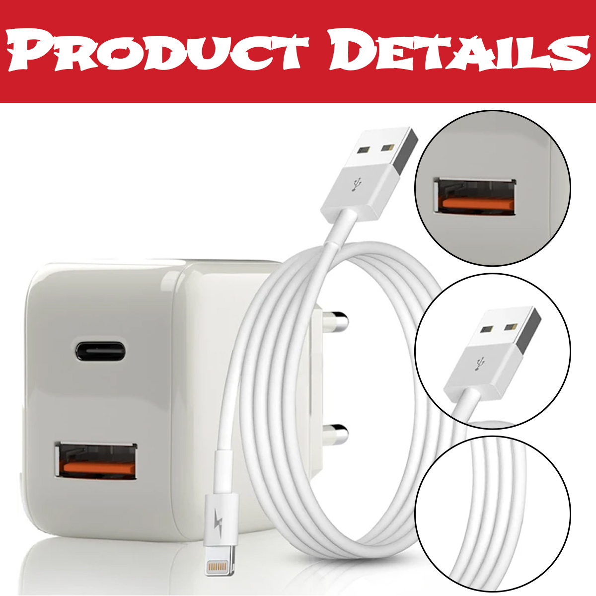 Weißer Wandlader mit USB-C und USB-A Anschlüssen und einem weißen Ladekabel mit Insets.
