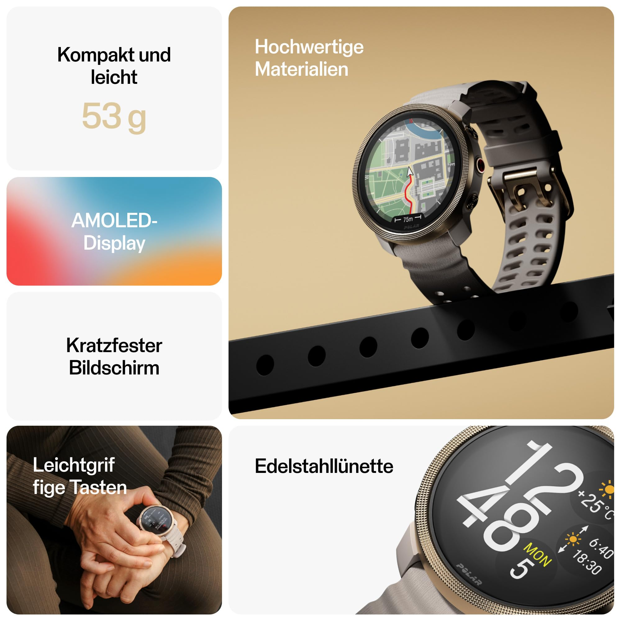 Produktcollage mit einer Polar-Sportuhr, technischen Daten und Feature-Beschreibungen auf Deutsch.