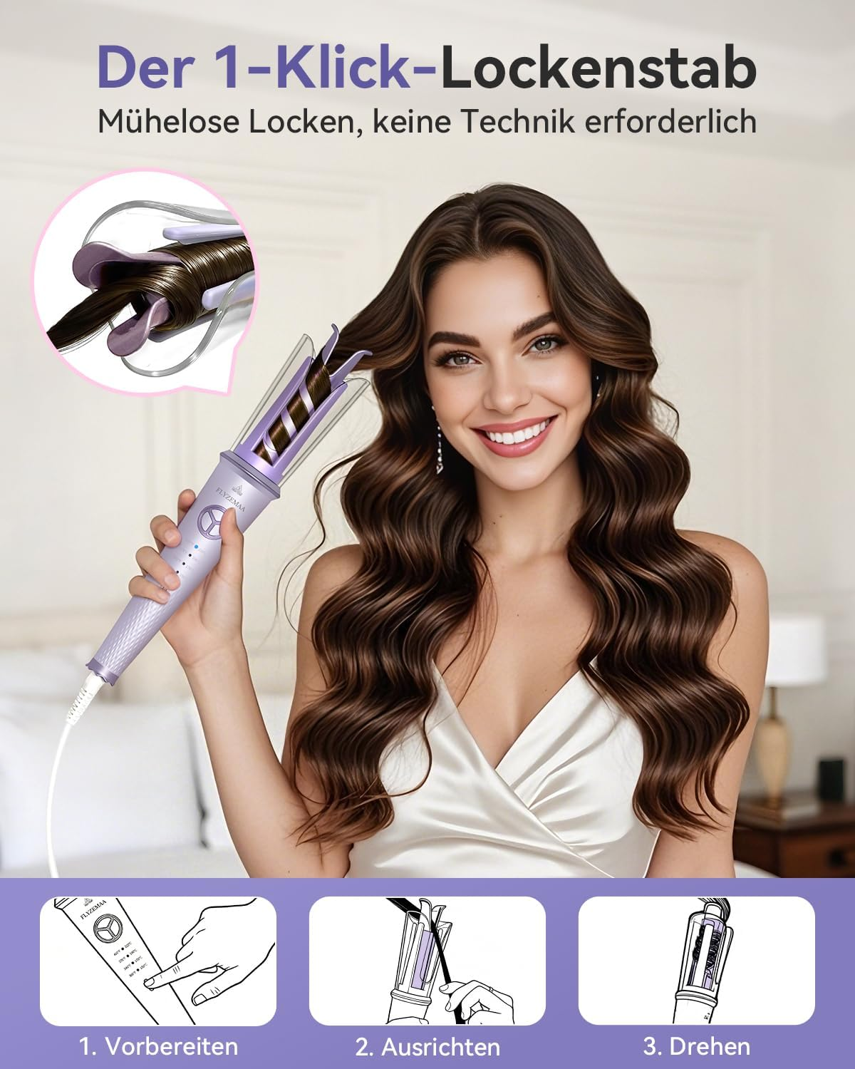 Eine Frau hält einen violetten Lockenstab und lächelt mit gewelltem Haar.