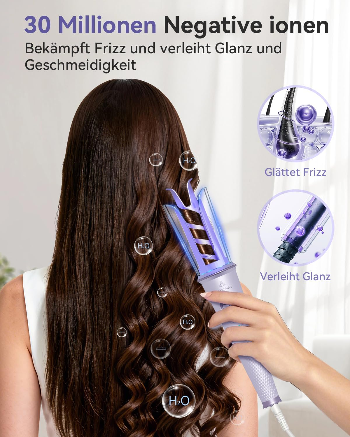 Eine Hand hält einen lila Lockenstab, der langes braunes Haar stylt, mit grafischen Ionen- und Wassertropfen-Symbolen.