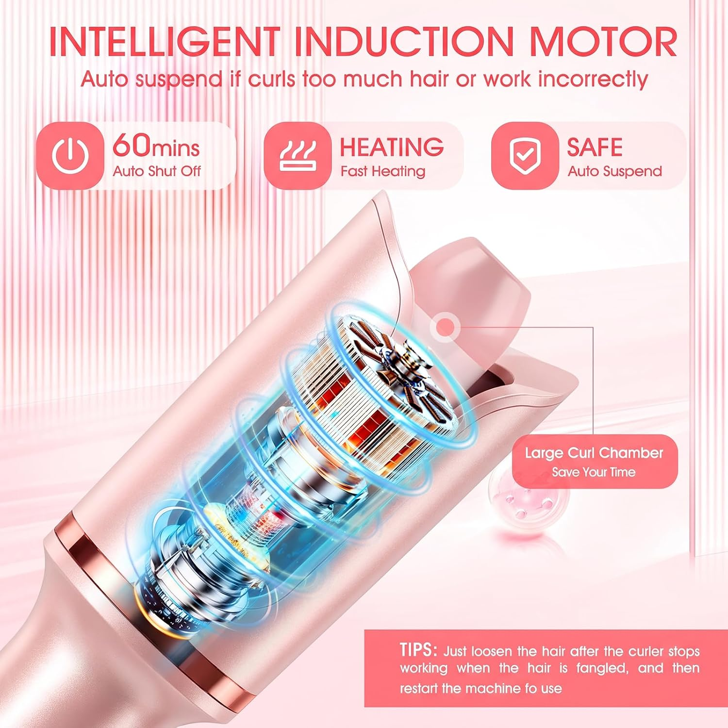 Rosa automatischer Lockenstab mit Induktionsmotor und Schutzfunktionen vor rotem Hintergrund.