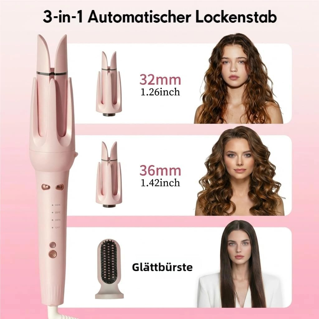 Ein rosafarbener 3-in-1 automatischer Lockenstab mit drei verschiedenen Aufsätzen für unterschiedliche Frisuren.
