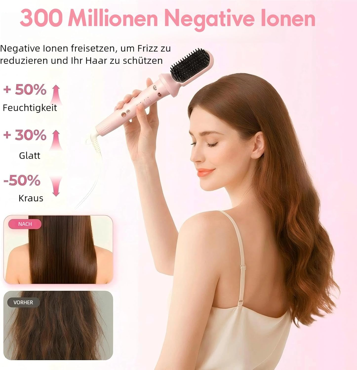 Eine Frau hält eine pinke Haarbürste in der Hand; Grafiken zeigen weniger Frizz und mehr Feuchtigkeit.