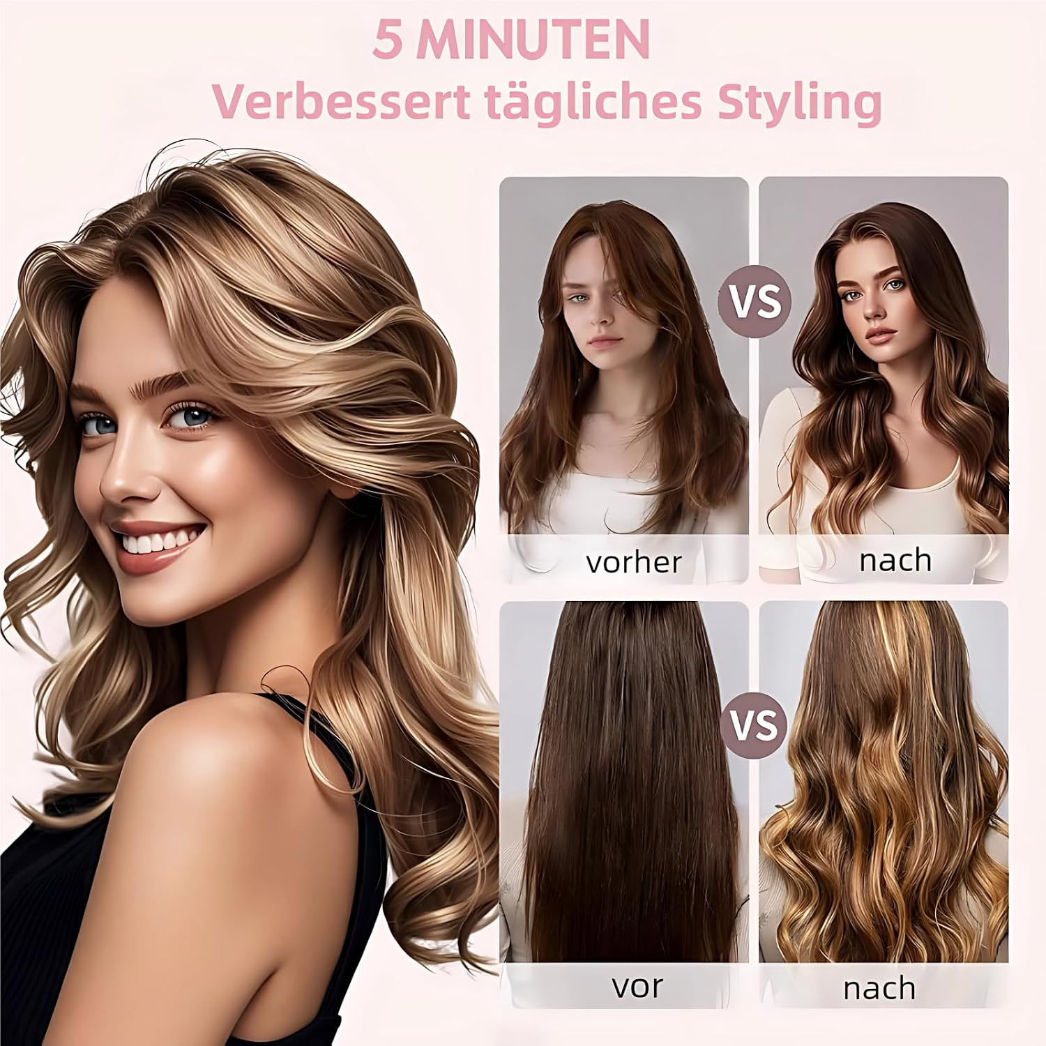 Vergleichsbilder zeigen Frauenhaar vor und nach dem Styling mit welligem, glänzendem Ergebnis.