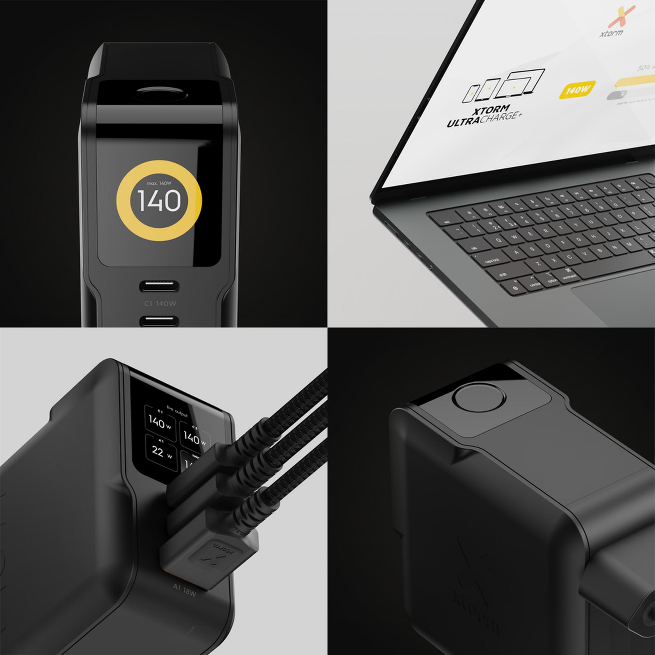 Eine Collage zeigt eine schwarze Xtorm-Powerbank mit Digitaldisplay, verbunden mit einem Laptop und eingesteckten Kabeln.