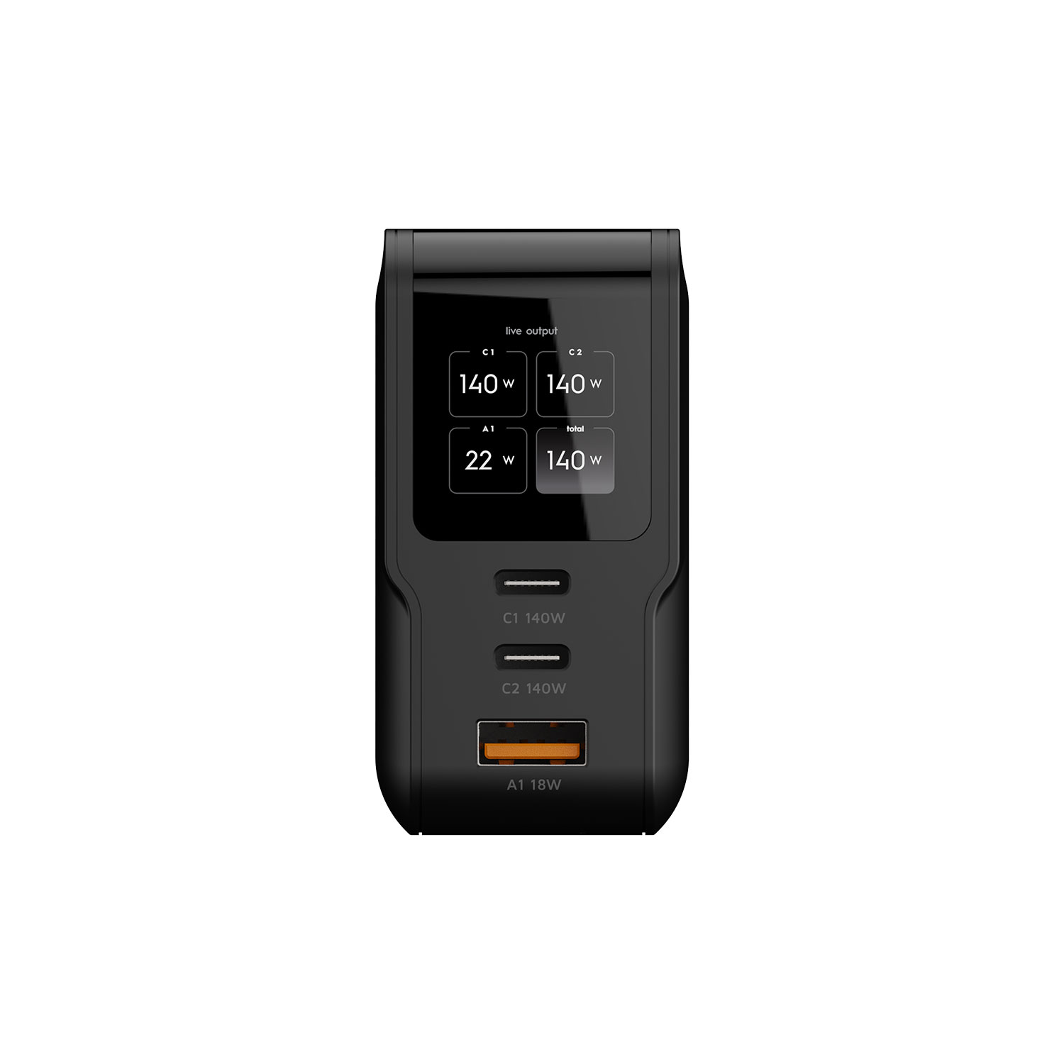 Schwarzes Mehrfach-Ladegerät mit digitalem Display für Leistung und drei USB-Anschlüssen.