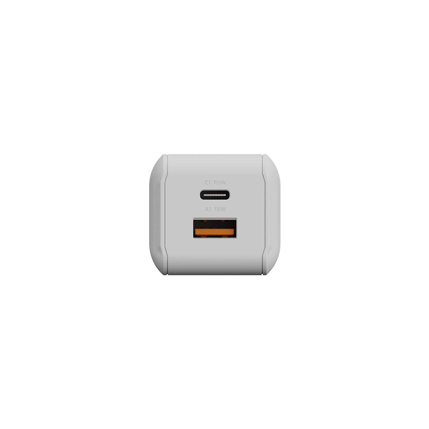 Ein weißes USB-Ladegerät mit einem USB-C- und einem orangen USB-A-Anschluss auf weißem Hintergrund.
