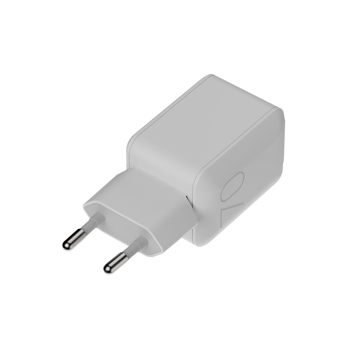 Ein weißes elektrisches Ladegerät mit europäischem zweipoligem Stecker, von der Seite vor weißem Hintergrund.