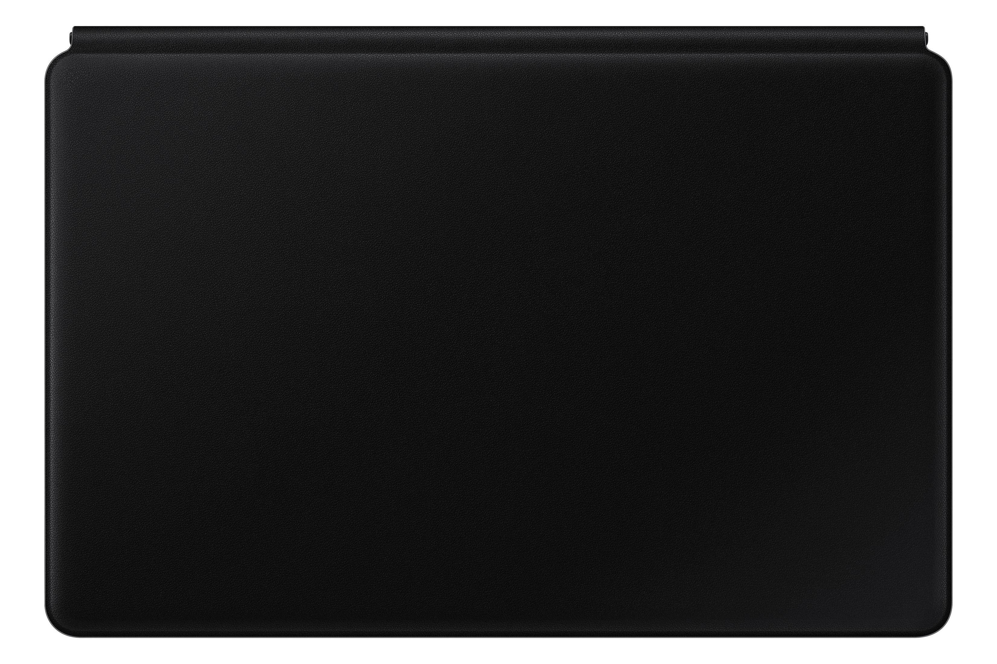 Eine schwarze Tablet-Hülle, geschlossen vor weißem Hintergrund.