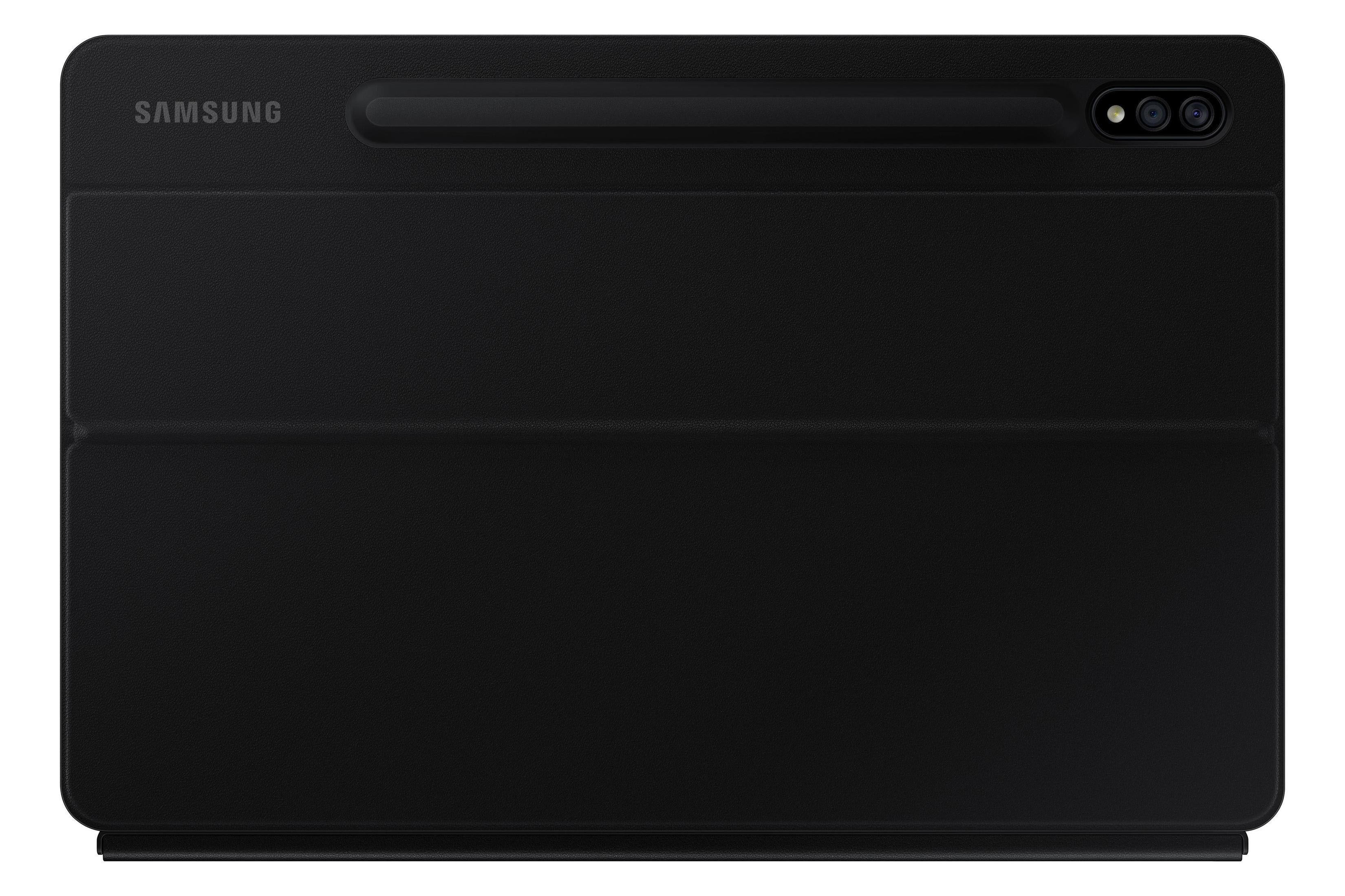 Ein schwarzes Samsung-Tablet-Cover mit Kameraausschnitt und Stifthalter auf weißem Hintergrund.