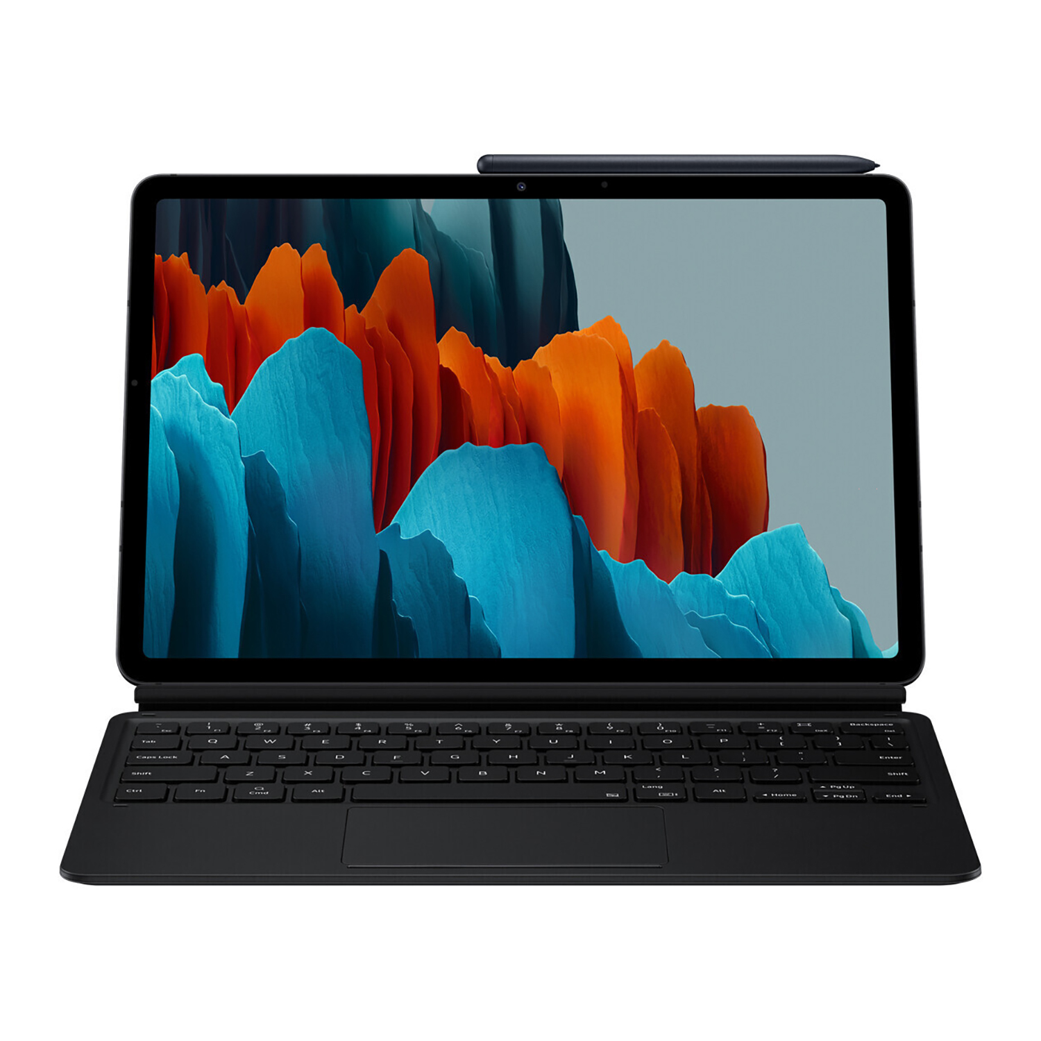 Ein Tablet mit farbiger abstrakter Grafik, angeschlossener schwarzer Tastatur und einem Stift oben auf weißem Grund.
