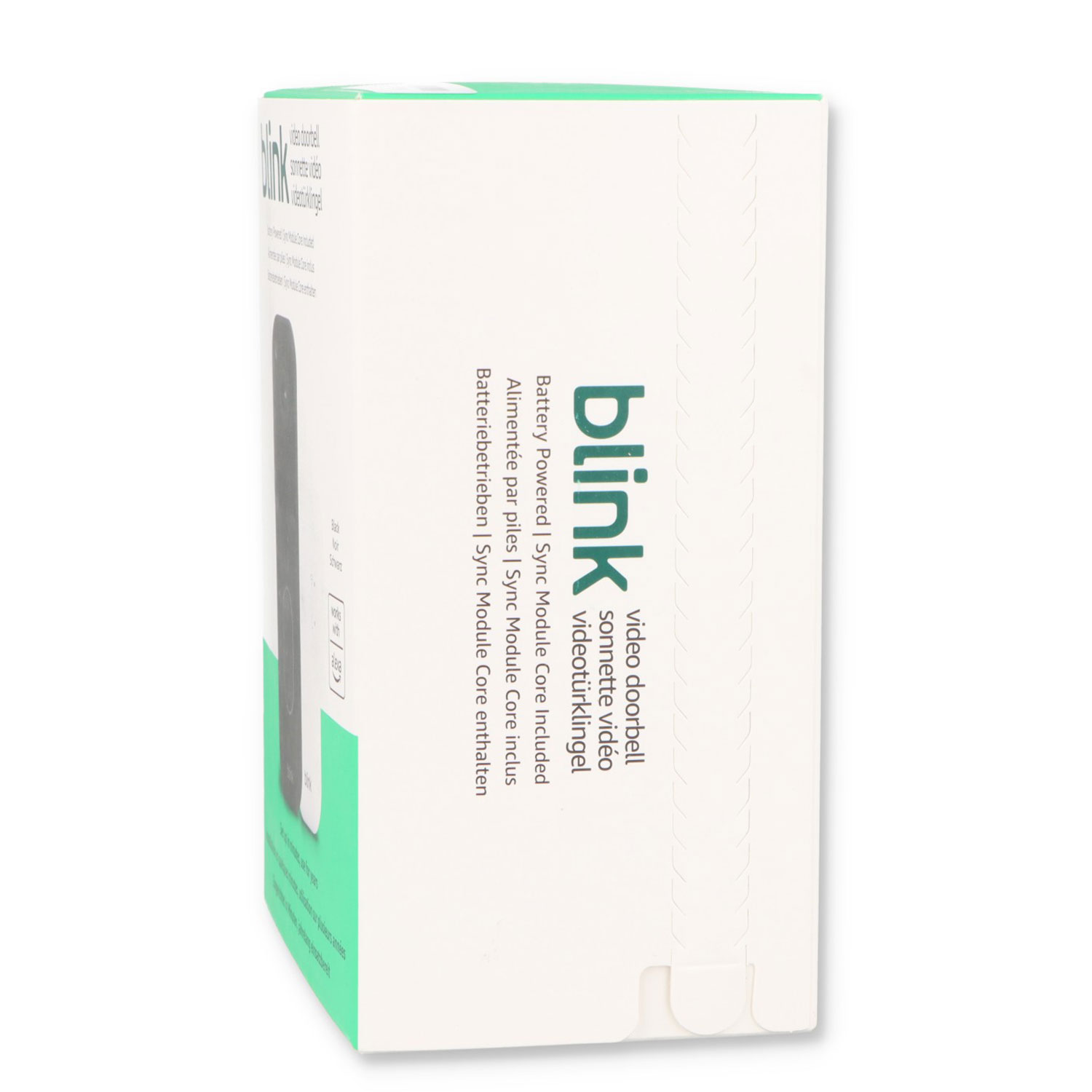 Eine weiße Verpackung der Blink Video-Türklingel mit grünem Logo und Beschriftung.
