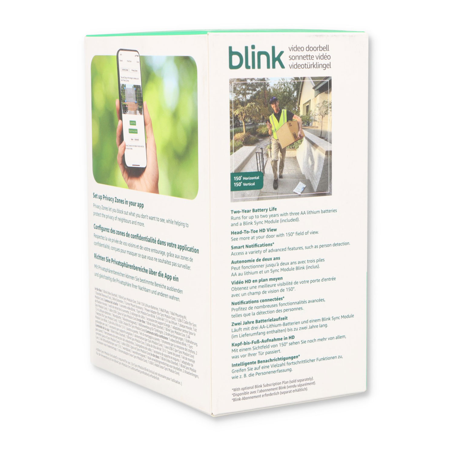 Blink Video Türklingel Verpackung mit Produktbildern und Funktionsdetails auf verschiedenen Sprachen.
