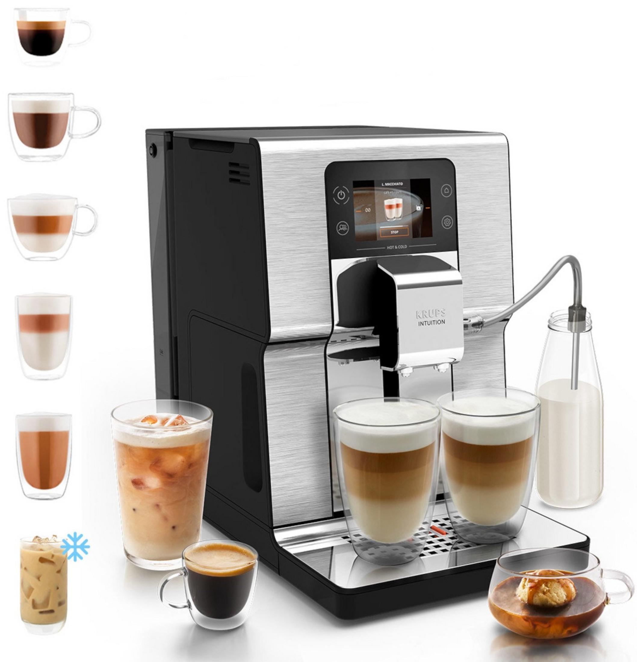 Moderna macchina da caffè Krups con display, contenitore del latte e varie specialità.
