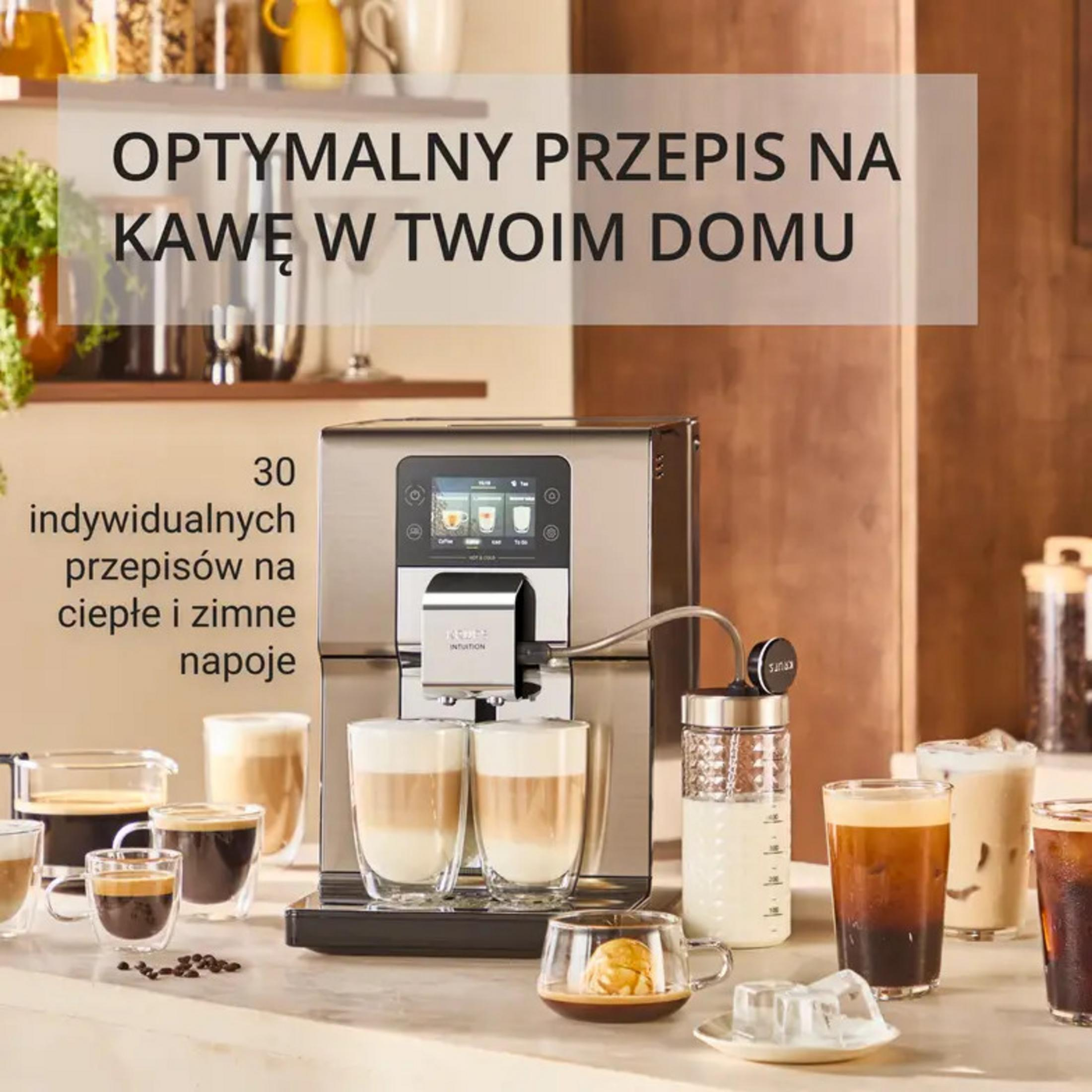 Macchina da caffè moderna su un bancone con varie bevande, un contenitore per il latte e testo.