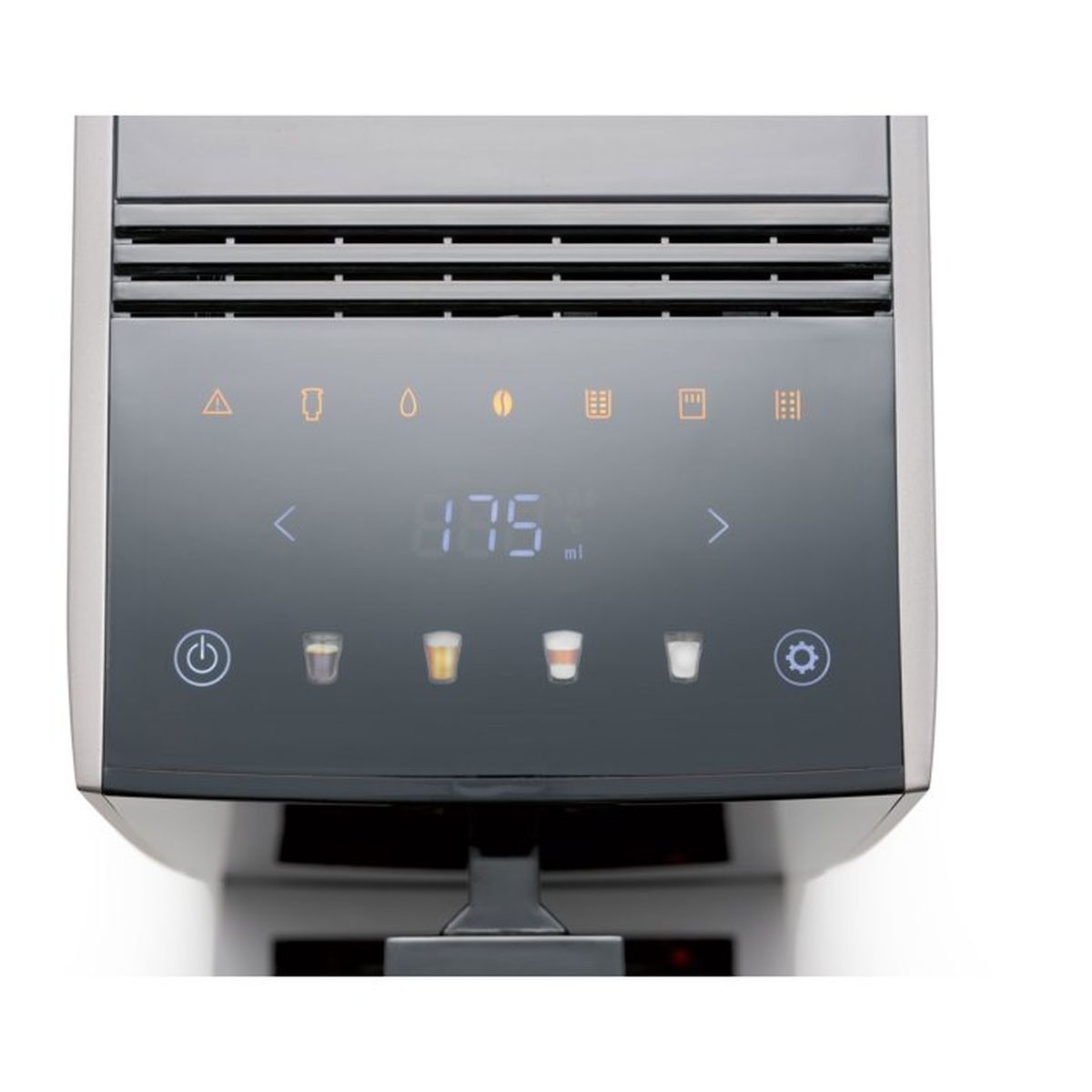 Pannello di controllo LED di una macchina da caffè con icone, display digitale '175 ml' e opzioni per bevande.