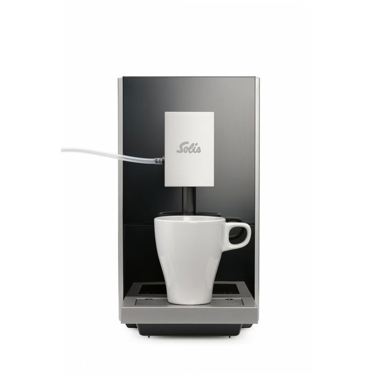 Una macchina da caffè Solis nera e argento con una tazza bianca sul vassoio raccogligocce.