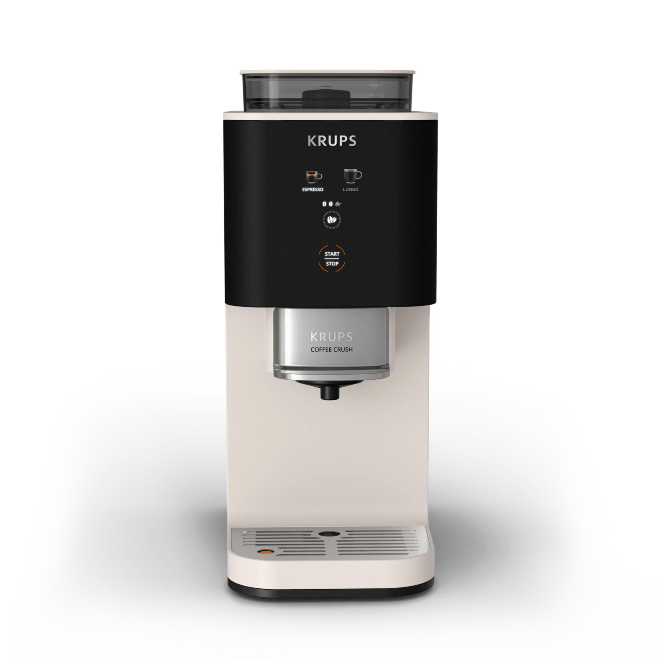 Una macchina da caffè Krups bianca e nera con display touch digitale.