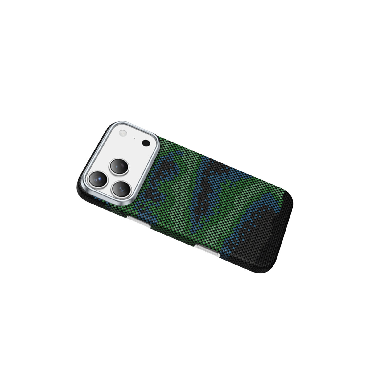 Yeşil ve siyah karbon fiber desenli koruyucu kılıf ve üçlü kameralı akıllı telefon.