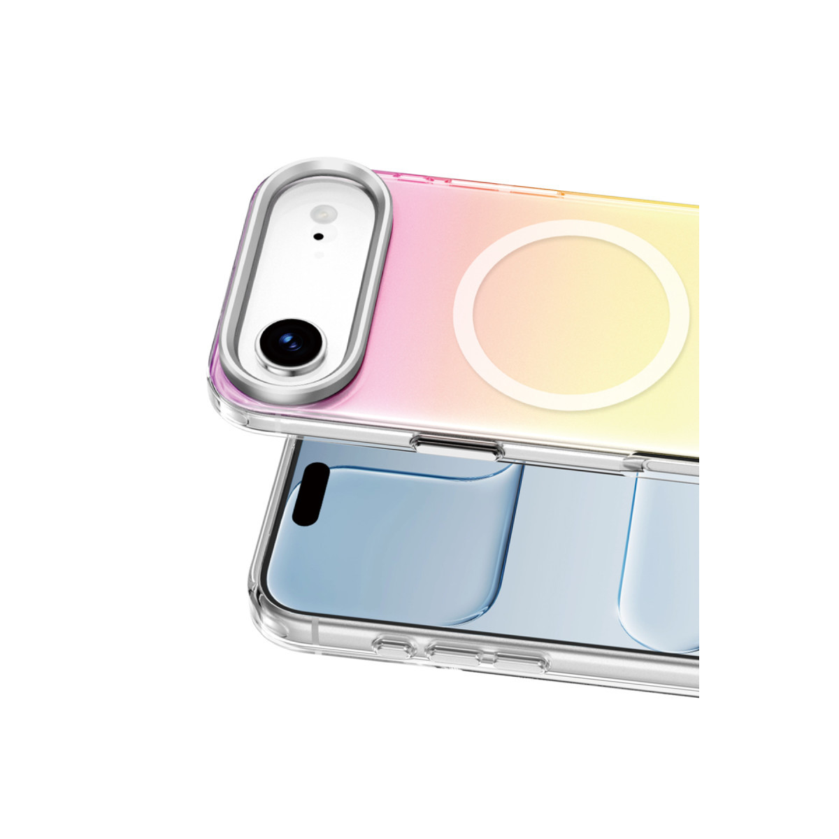 MagSafe halkalı pastel geçişli şeffaf telefon kılıfı, açık mavi akıllı telefonun üzerinde.