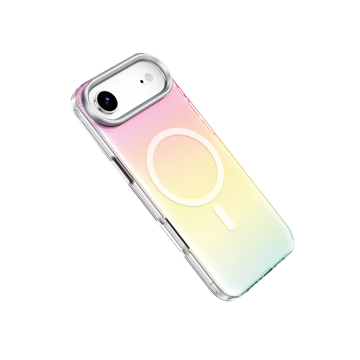 Pembe, sarı ve mavi renk geçişli, beyaz arka planda MagSafe halkalı akıllı telefon kılıfı.