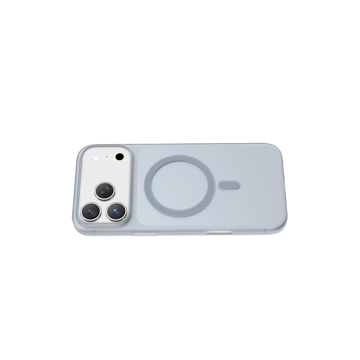 Arkada MagSafe halkası ve üçlü kamera sistemi olan, uyumlu kılıflı açık mavi bir akıllı telefon.