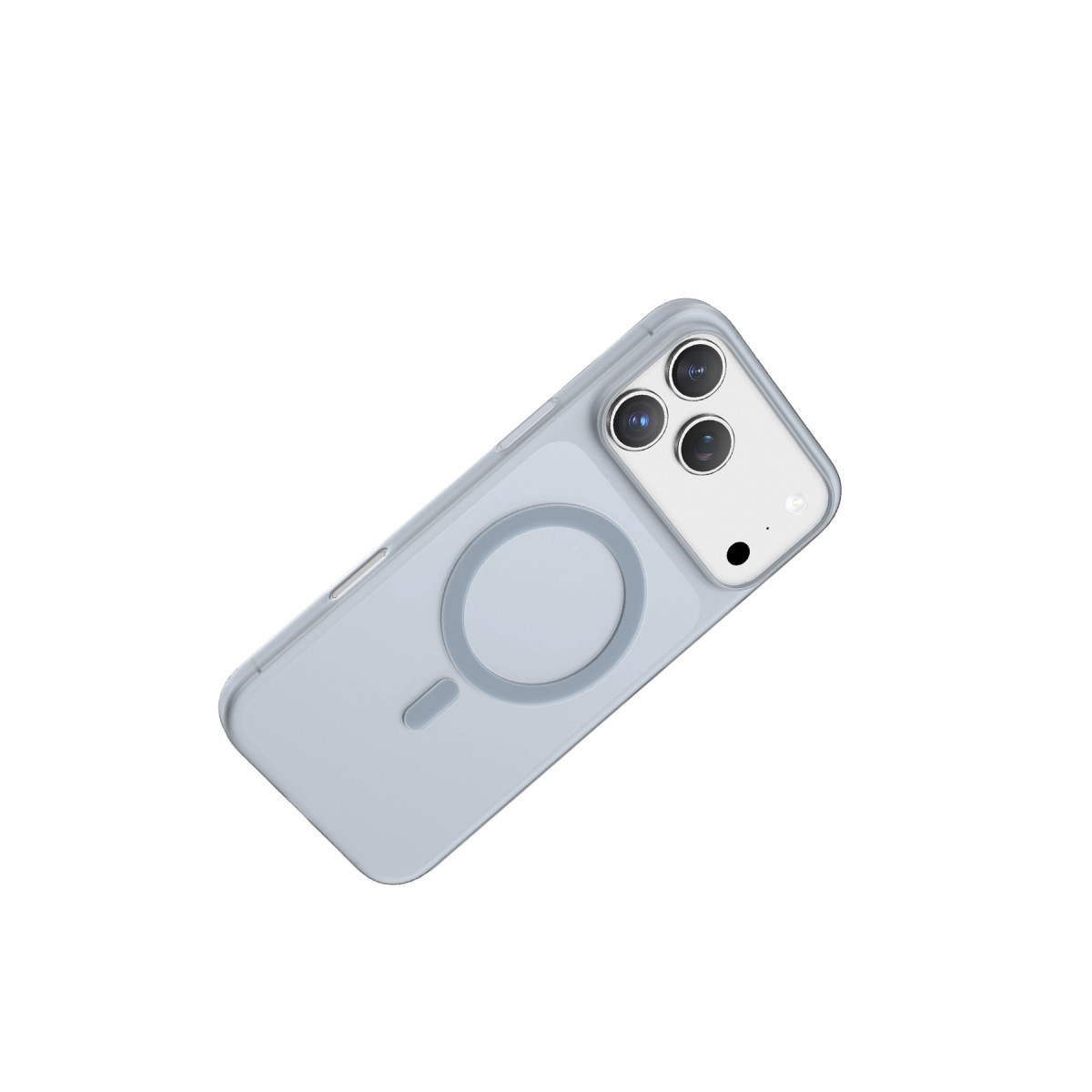 Koruyucu kılıf içinde açık mavi akıllı telefon, arka kısmında üçlü kamera ve MagSafe halkası ile beyaz arka planda.