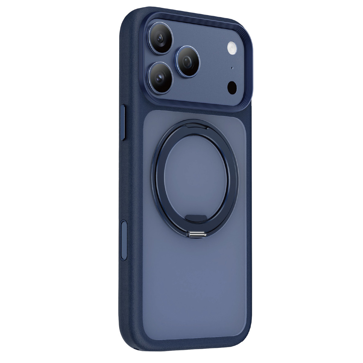 Beyaz arka planda entegre yuvarlak standlı ve kamera kesikli mavi akıllı telefon kılıfı.