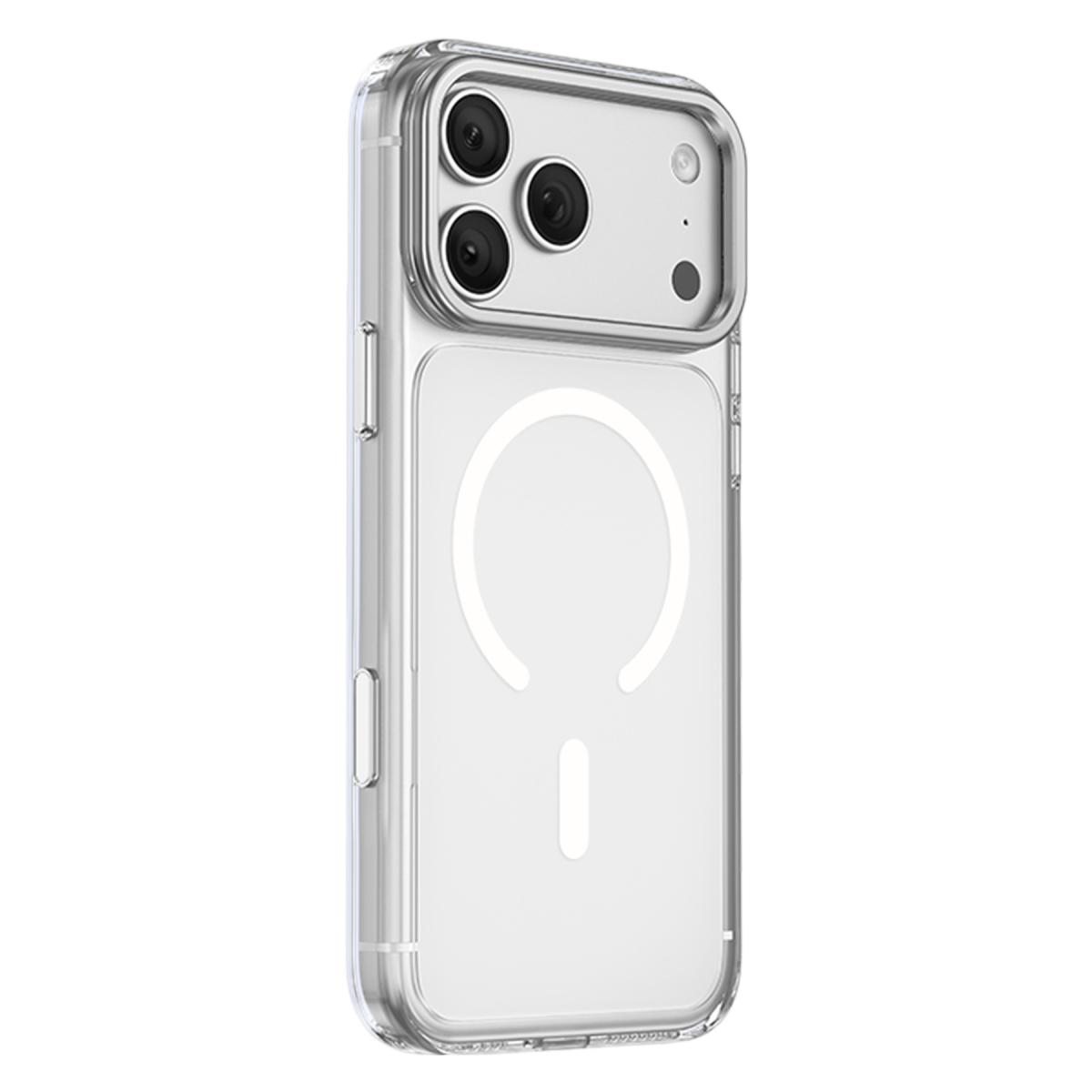 Siyah arka plan üzerinde entegre MagSafe halkalı ve kamera kesikli şeffaf telefon kılıfı.