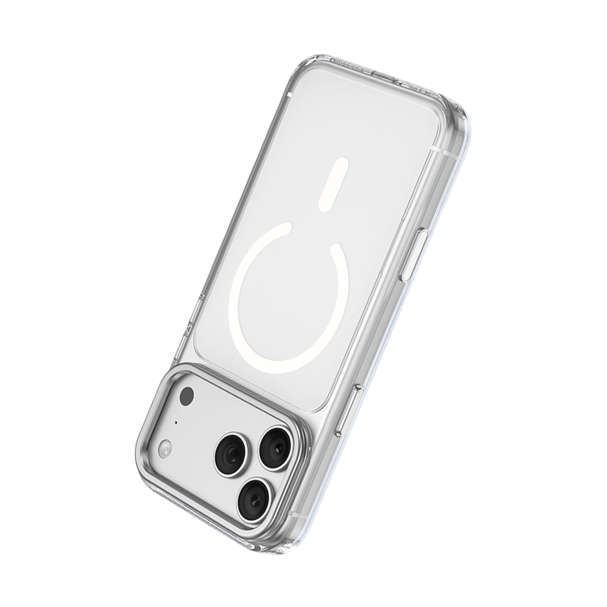Siyah arka planda MagSafe halkalı ve kamera kesikli şeffaf telefon kılıfı.