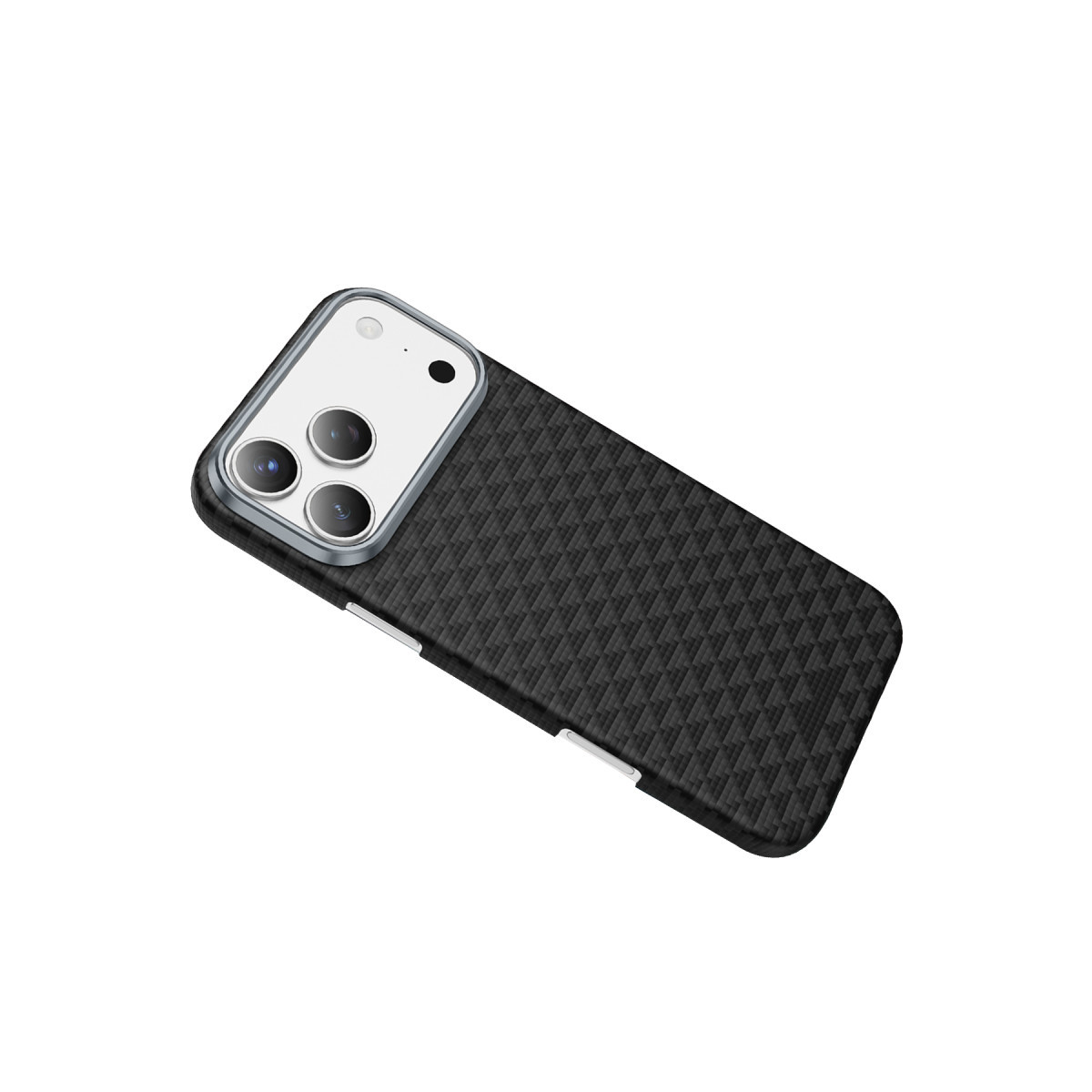 Arkasında üçlü kamera bulunan siyah karbon desenli koruyucu kılıf içindeki akıllı telefon, beyaz arka plan üzerinde.
