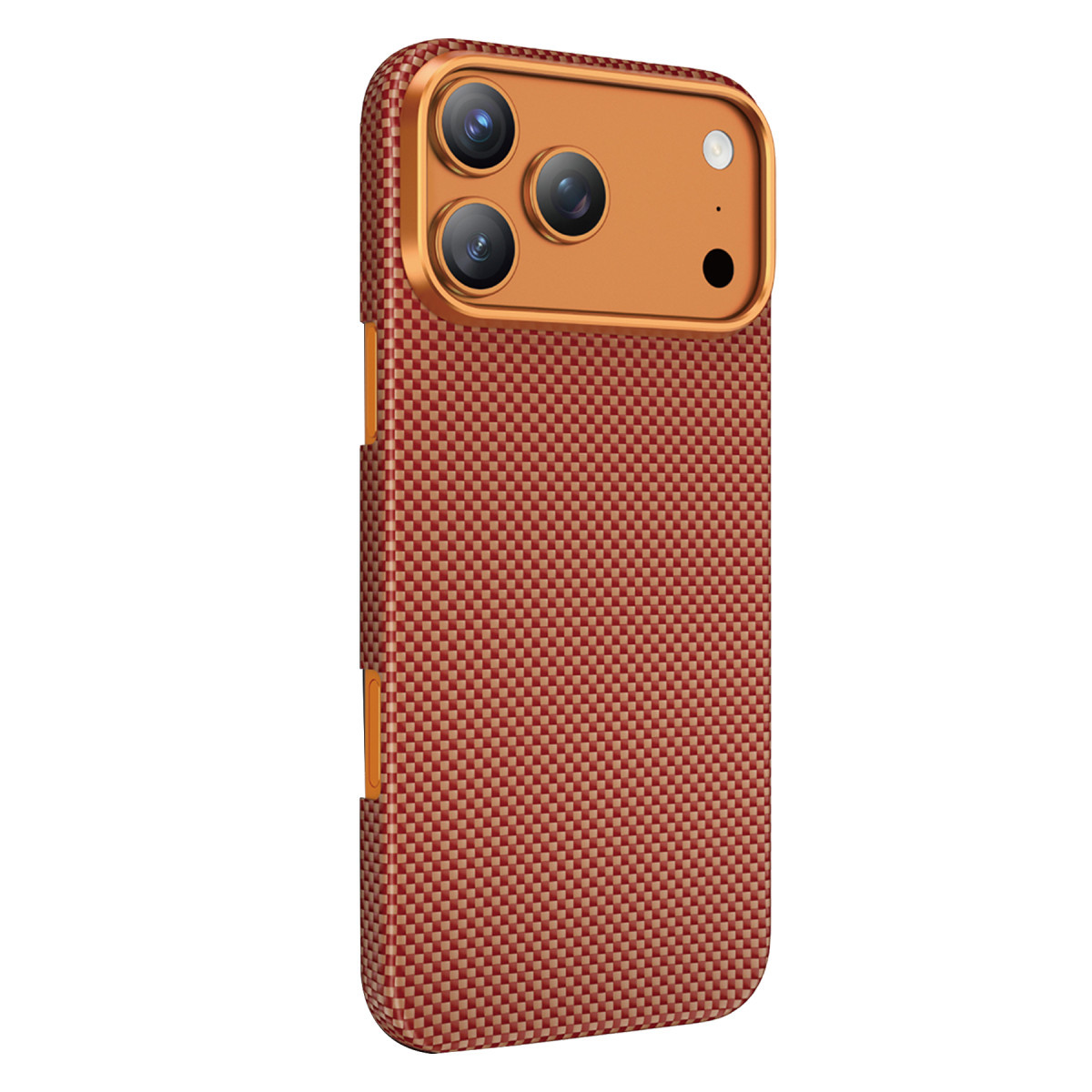Kırmızı ve altın rengi kare desenli kılıf içinde üç kamera lensli akıllı telefon.