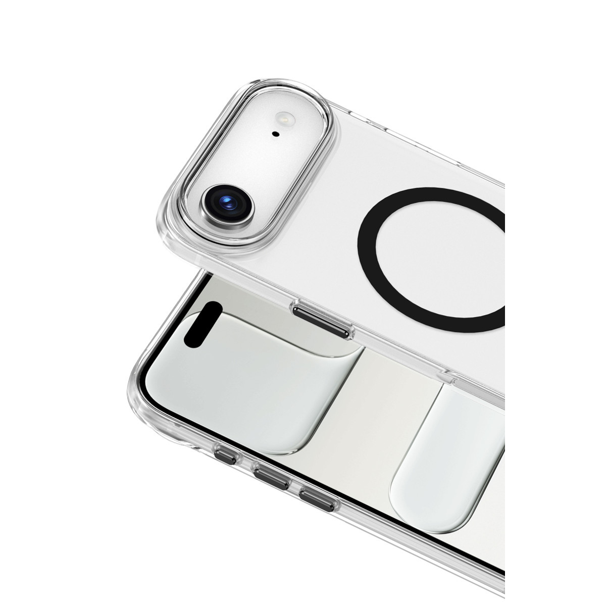 Siyah kablosuz şarj halkalı şeffaf telefon kılıfı.