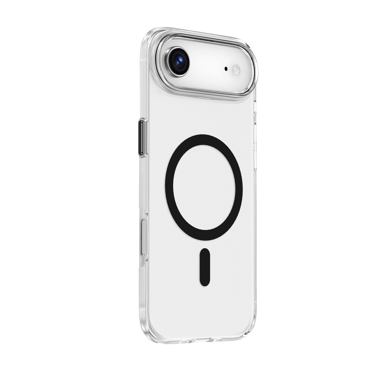 Beyaz arka planda siyah MagSafe halkasına ve kamera yuvasına sahip şeffaf akıllı telefon kılıfı.