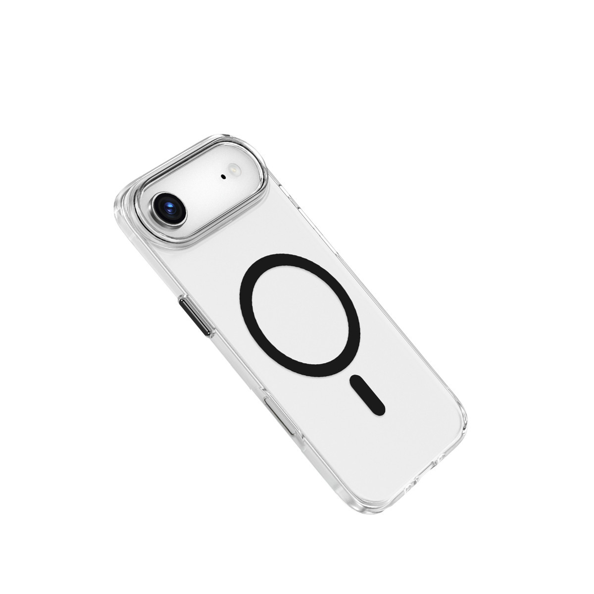 Beyaz arka planda MagSafe halkalı ve kamera kesikli şeffaf telefon kılıfı.