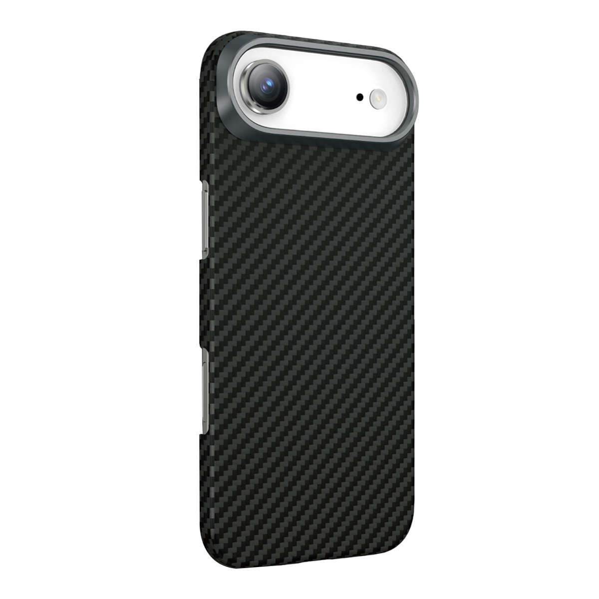 Üst kısmında gümüş renkli kamera modülü bulunan siyah karbon fiber telefon kılıfı.