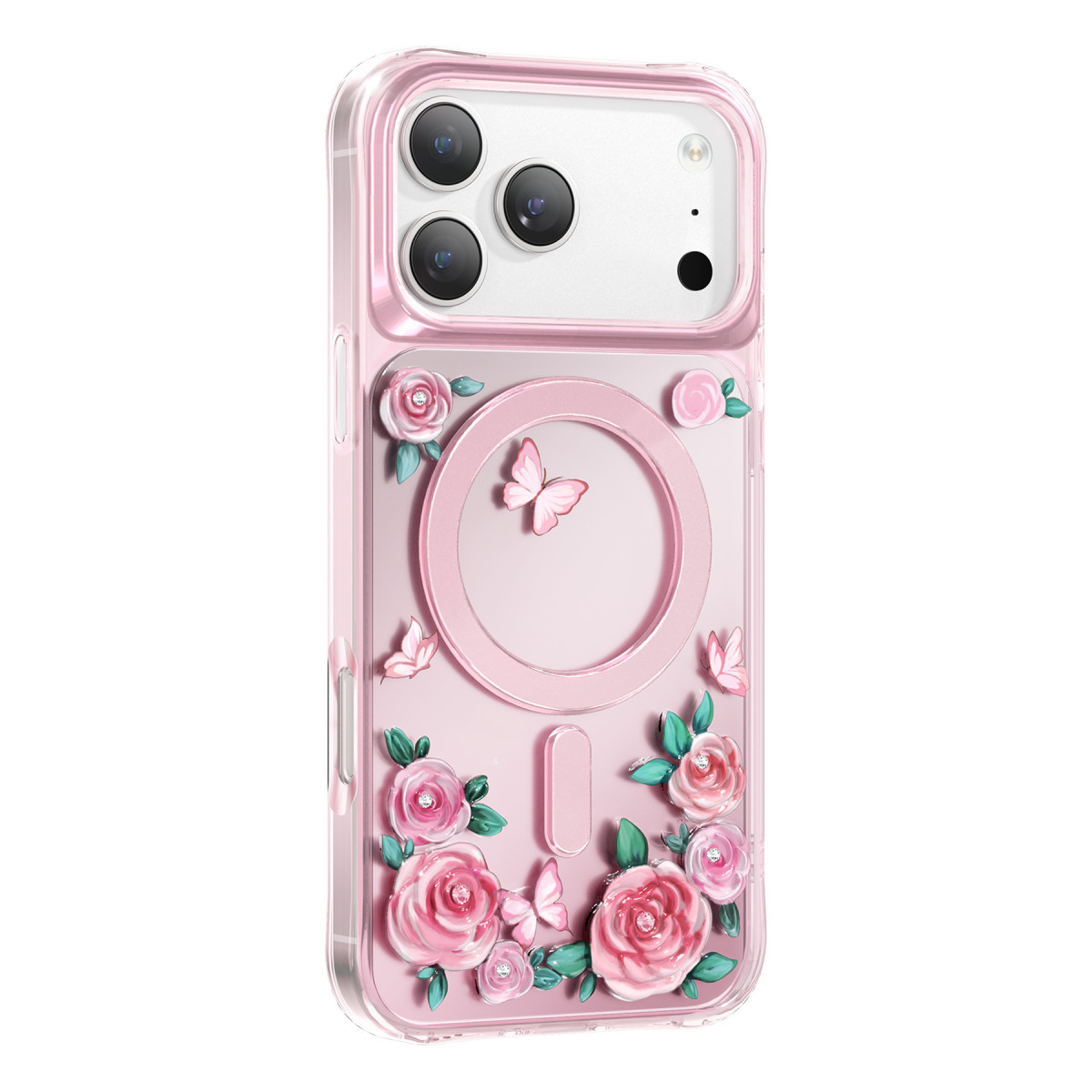 3D pembe güller, yeşil yapraklar ve küçük kelebeklerle süslenmiş pembe telefon kılıfı.