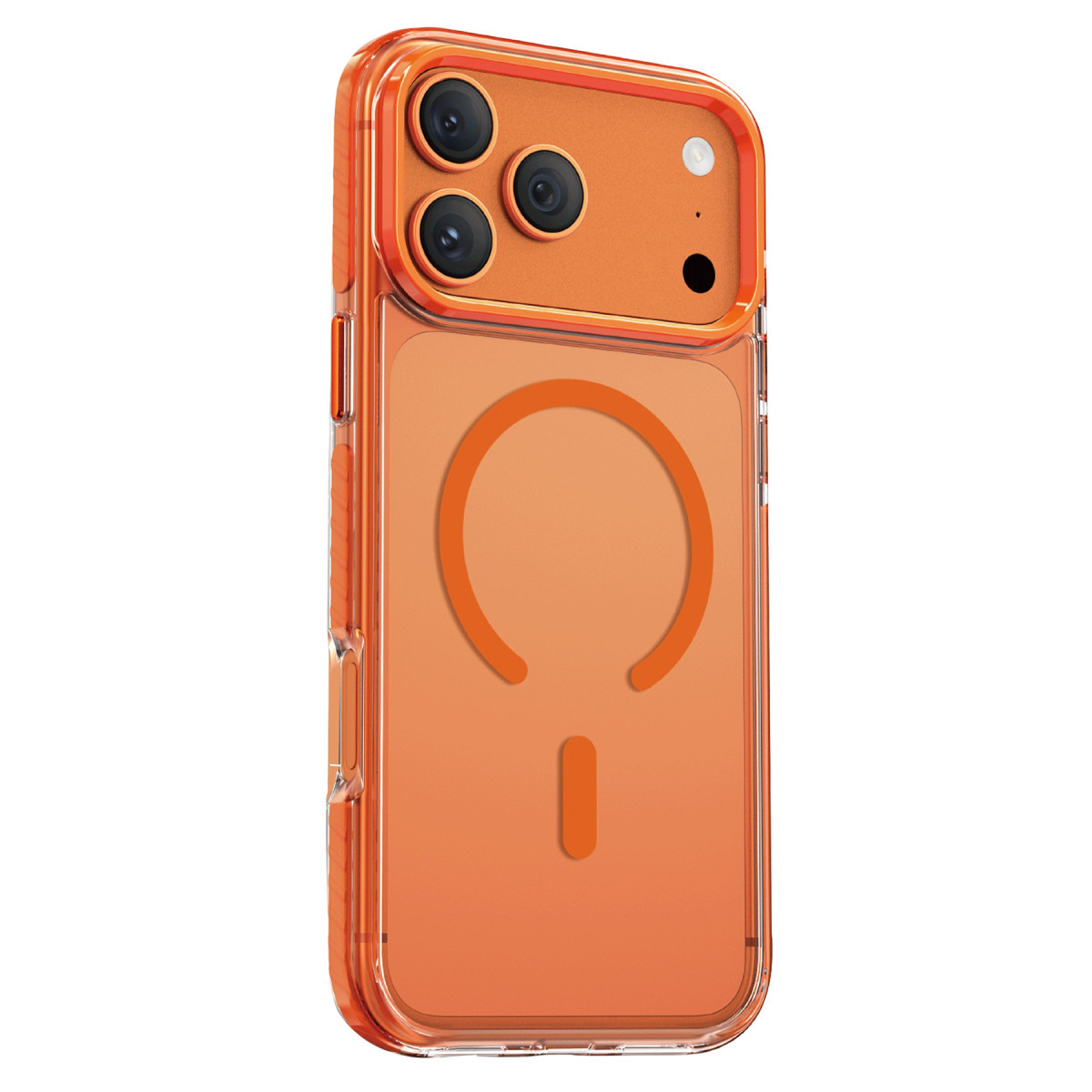 Koruyucu kılıflı, üç kamera lensli ve arka tarafında manyetik halka bulunan turuncu bir akıllı telefon.