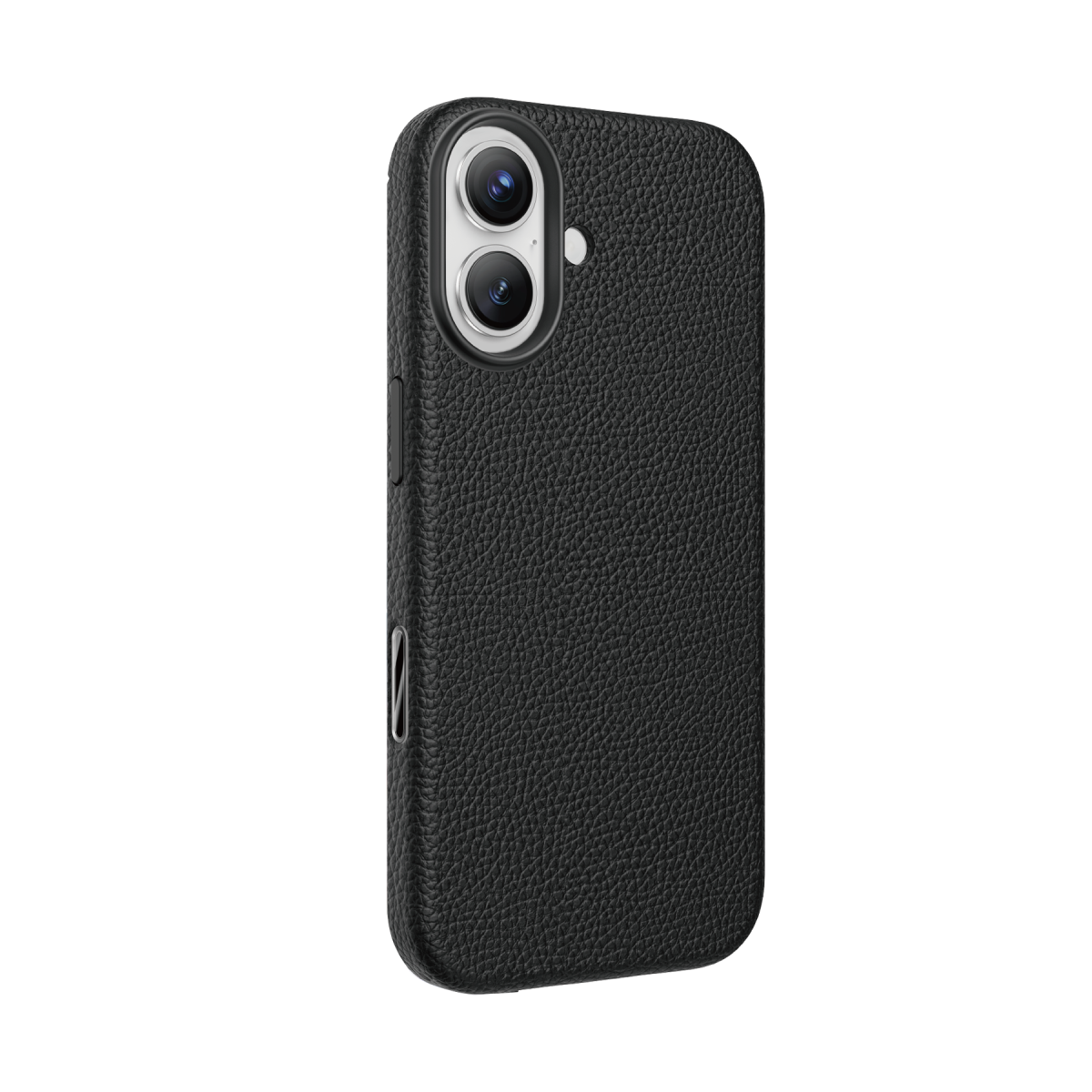 Siyah arka plan üzerinde, arkasında çift kamera modülü bulunan siyah deri dokulu telefon kılıfı.