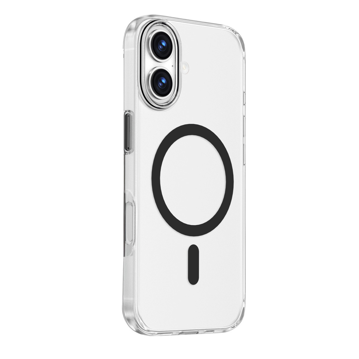 Beyaz arka planda siyah MagSafe halkasına sahip şeffaf bir akıllı telefon kılıfı.