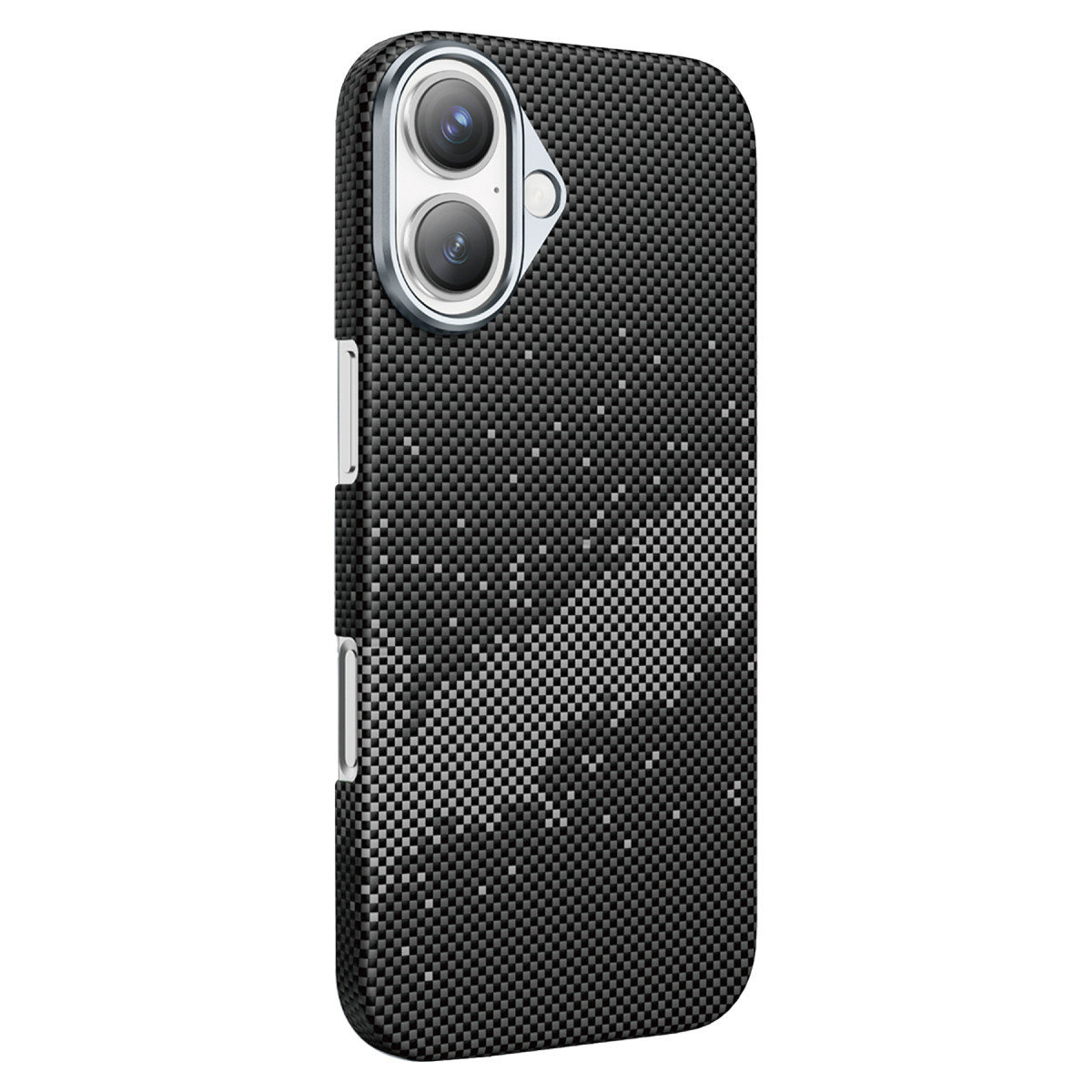 Sol üst köşesinde iki dikey kamera lensi bulunan siyah karbon fiber akıllı telefon kılıfı.