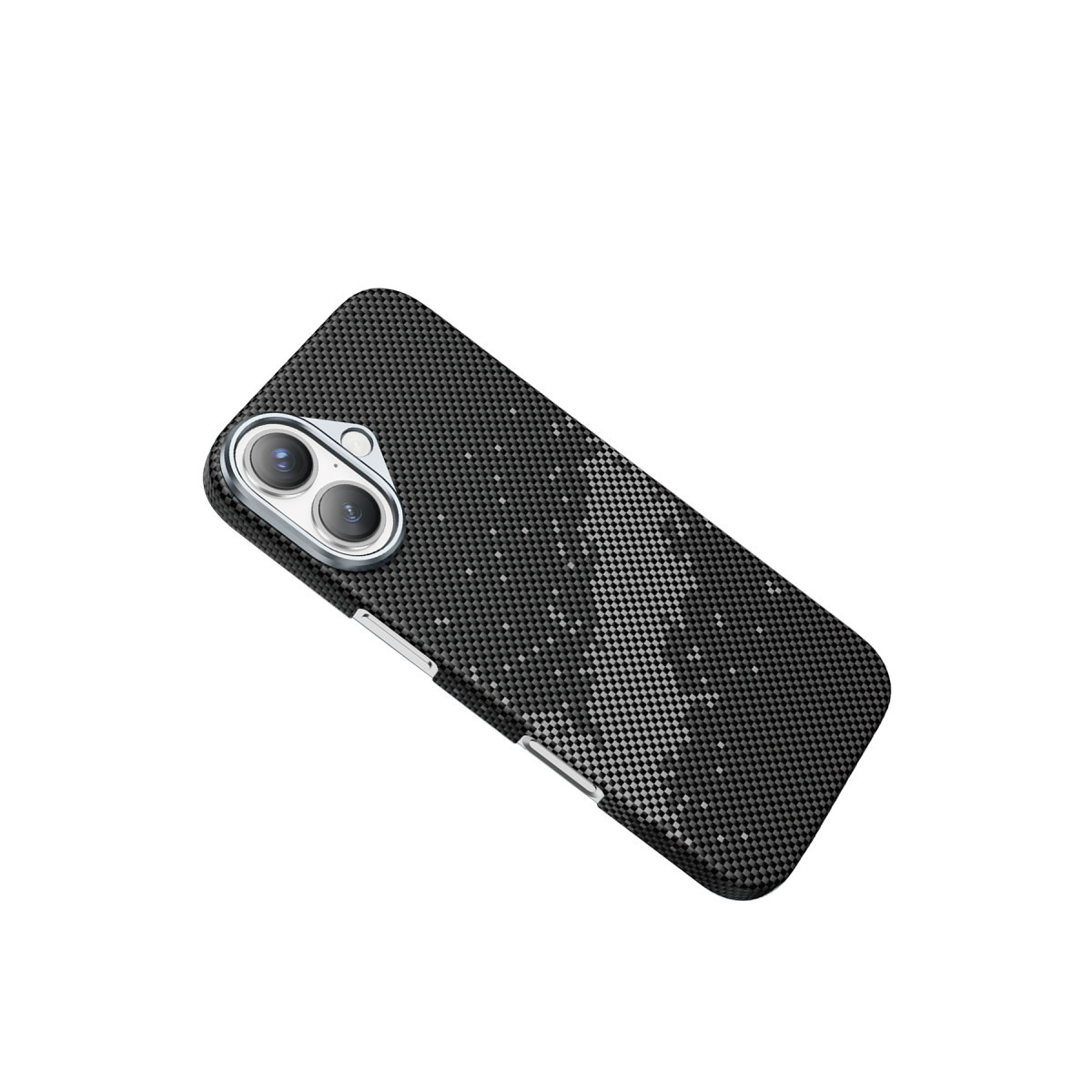 Arkada iki kamera bulunan siyah karbon desenli koruyucu kılıf içindeki akıllı telefon.