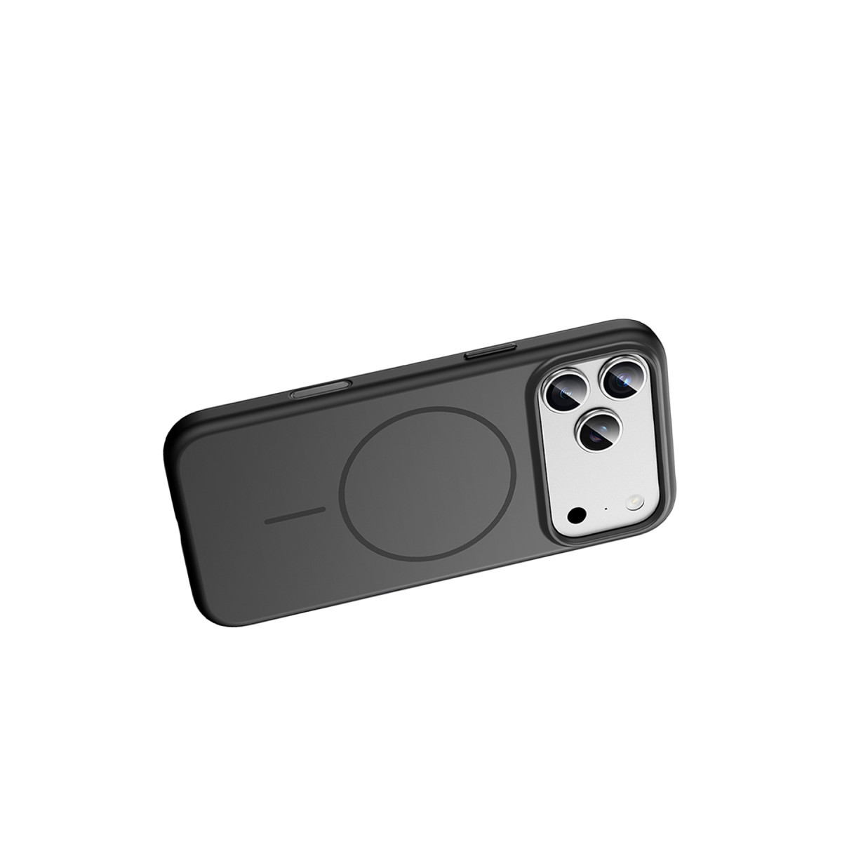 Beyaz arka planda dairesel mıknatıs halkası işaretine sahip koruyucu kılıf içindeki siyah akıllı telefon.